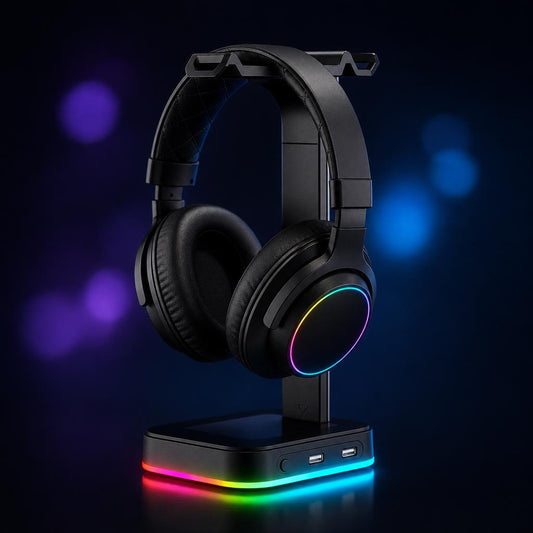 Soporte gamer para auriculares RGB, vista en ángulo