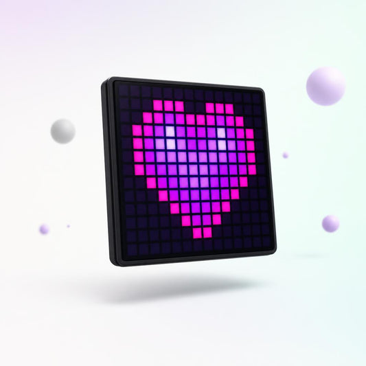 Pantalla LED Nyxel con corazón pixel art, fondo claro